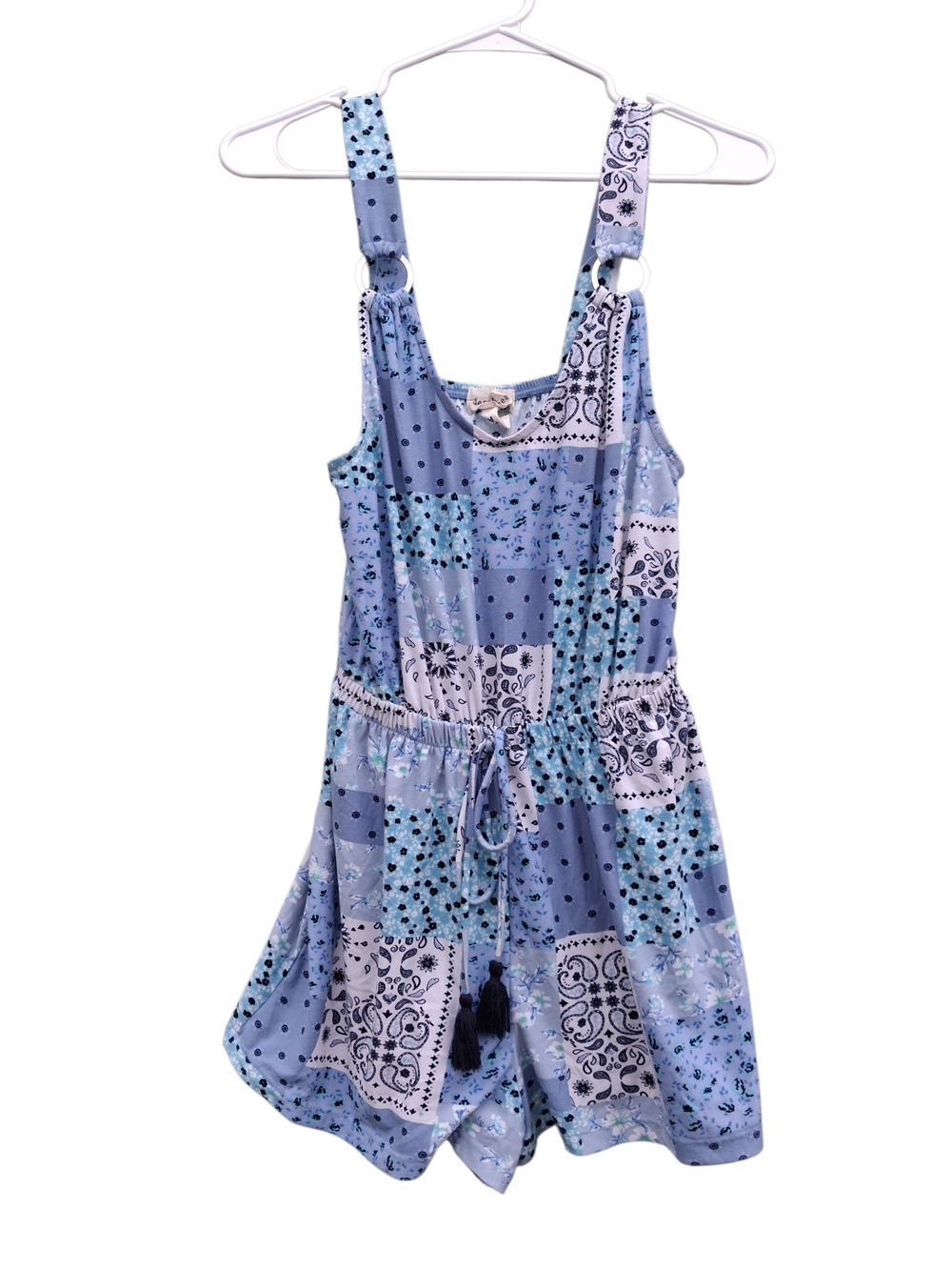 Derek Heart Light Blue Patchwork Print Girls' Romper with Tassel Tie